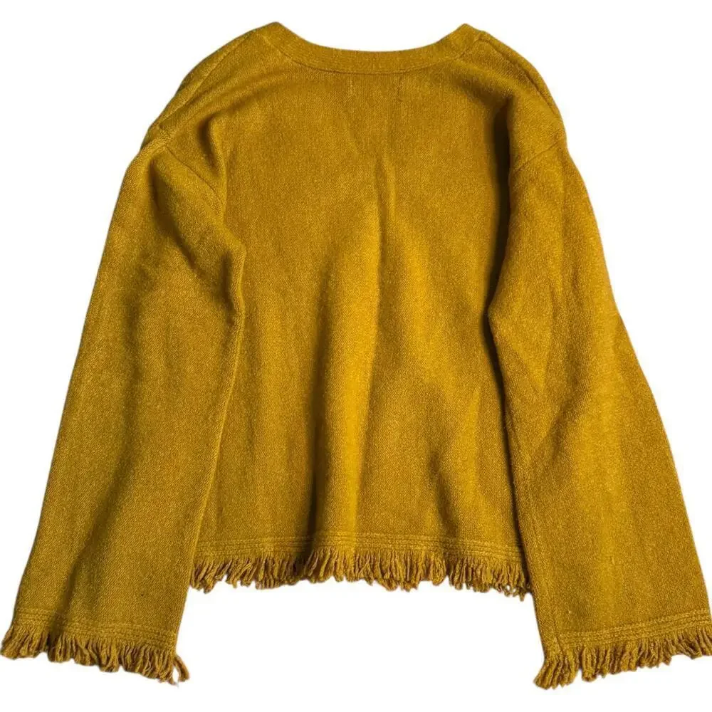 Anthropologie Mustard Yellow V-Neck Fringe Hem Knit Sweater Women’s Small